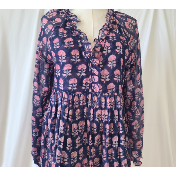 Megan Lane Navy Pink Floral Block Print Tiered A-Line Dress Cotton Small - Picture 3 of 10